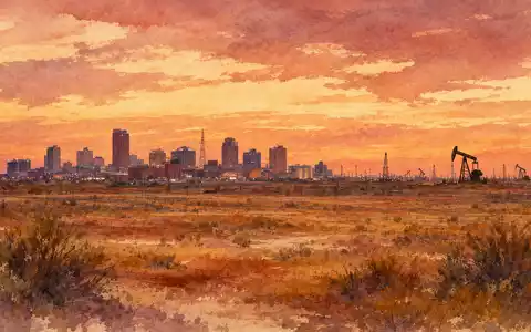 Diamondback Energy Hauptsitz Midland US25278X1090 als Aquarell mit texanischer Skyline und Pumpjacks - Foto: THN