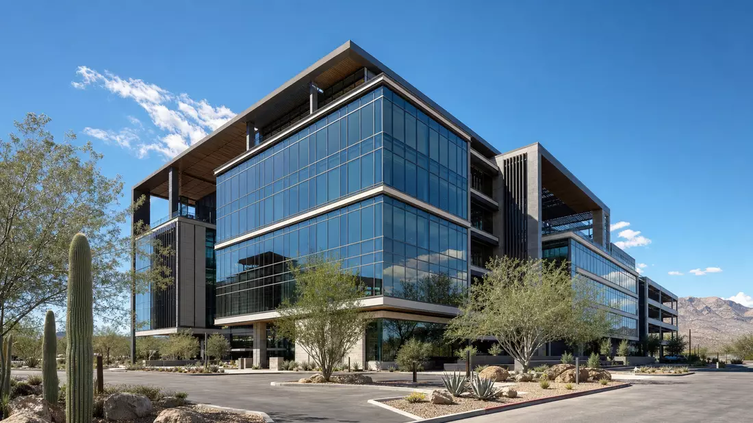 Architektur-Render eines modernen Unternehmensgebäudes aus Glas und Stahl in Texas