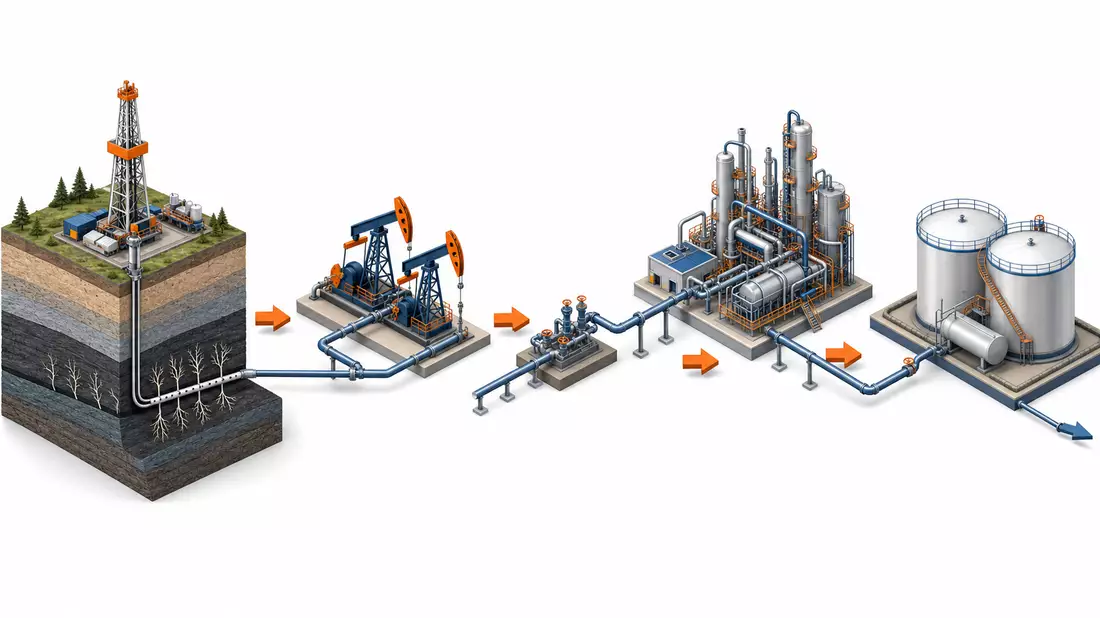 Isometrische 3D-Illustration der Öl- und Gas-Wertschöpfungskette von Bohrstelle bis Raffinerie