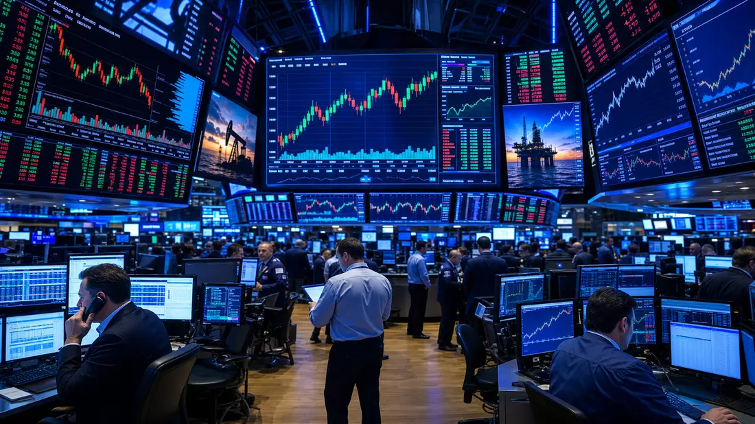 Redaktionelle Aufnahme eines NASDAQ Trading Floors mit Energiesektor-Kurscharts auf Großbildschirmen