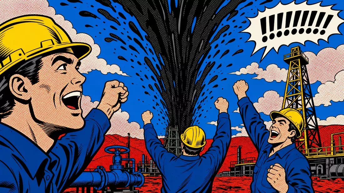 Pop-Art-Comic im Roy-Lichtenstein-Stil zeigt jubelnde Ölarbeiter bei einem Ölquellenausbruch