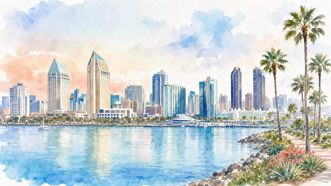 Aquarell-Skyline San Diego mit Bucht und Palmen, pastellfarbig