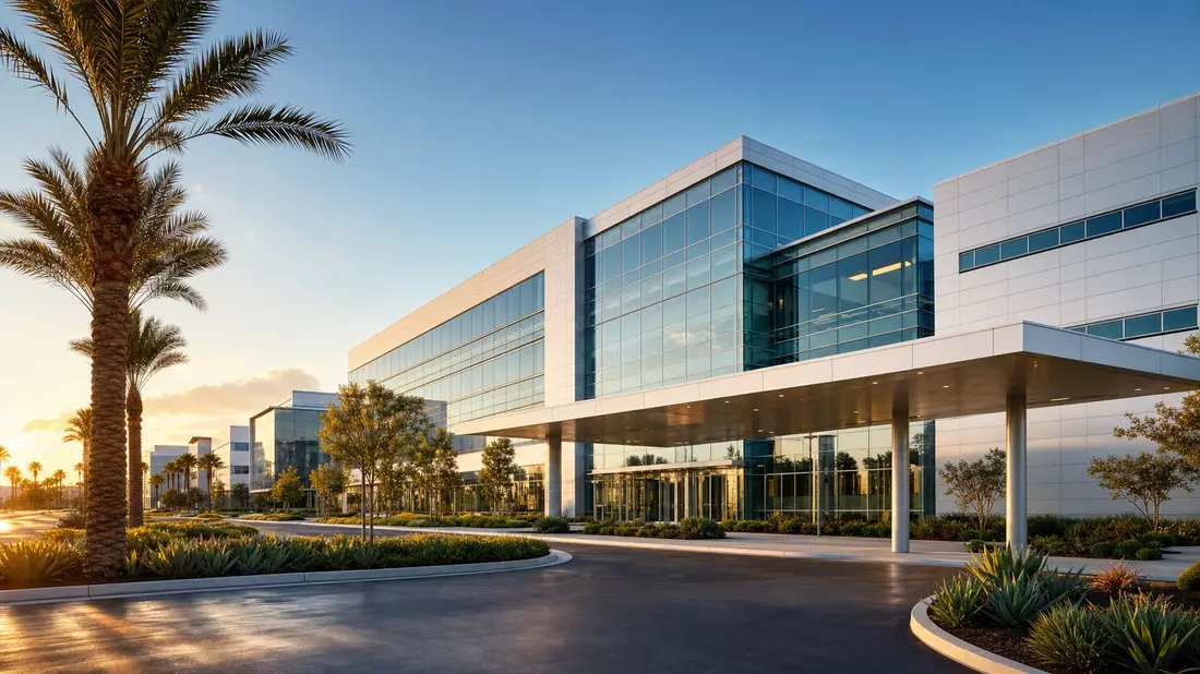 Architektur-Render moderner Glas-Campus, goldene Stunde, Palmen, kein Schild