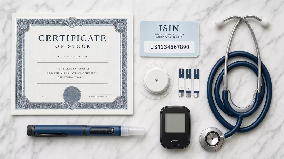Flatlay: Aktienzertifikat, ISIN-Karte, CGM-Sensor, Teststreifen, Stethoskop auf Marmor