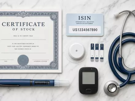 Dexcom Inc. Medizintechnik-Flatlay mit Aktienzertifikat ISIN US2521311074 Karte und branchentypischen Glukose-Utensilien Arrangement - Foto: THN