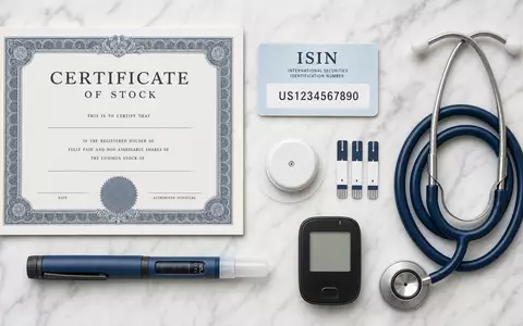Dexcom Inc. Medizintechnik-Flatlay mit Aktienzertifikat ISIN US2521311074 Karte und branchentypischen Glukose-Utensilien Arrangement - Foto: THN