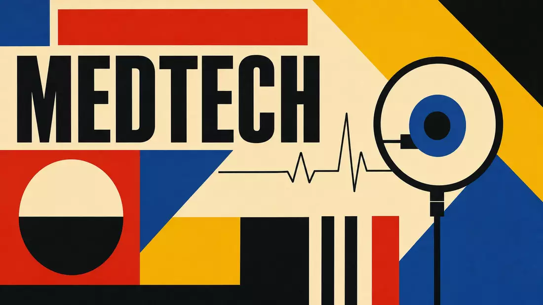 Bauhaus-Poster: MEDTECH in Großbuchstaben, geometrische Formen, primäre Farben
