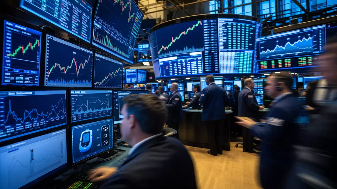 NASDAQ-Tradingfloor dramatisch beleuchtet, Händler, Bildschirme mit Gesundheitscharts