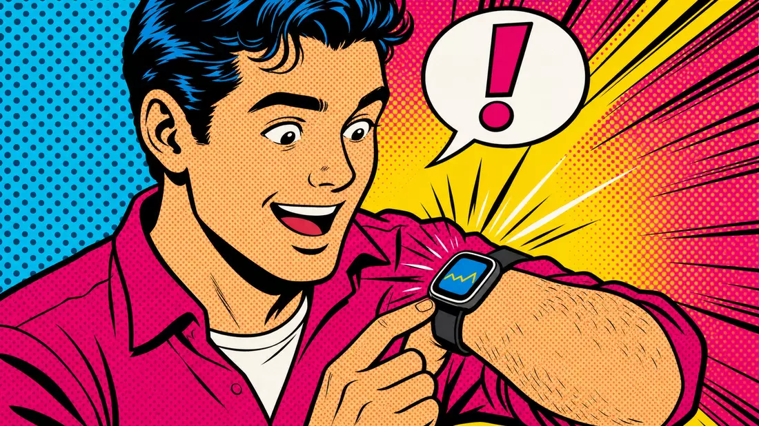 Pop-Art-Comic: Lächelnder Mann schaut auf Glukosemonitor am Handgelenk, Halbton-Muster