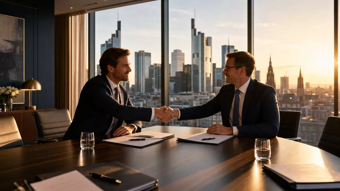 Fotorealistischer Handschlag beim Private-Equity-Abschluss, Frankfurt Skyline im Hintergrund