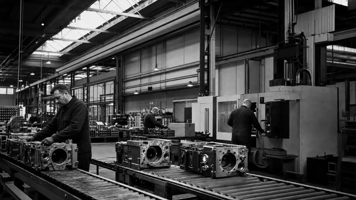Dokumentarische SW-Fotografie einer deutschen Mittelstandsfabrik, Arbeiter an Industriemaschinen