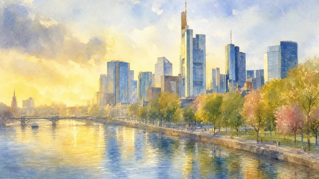 Aquarellmalerei der Frankfurter Finanzskyline am Main mit warmem Abendlicht