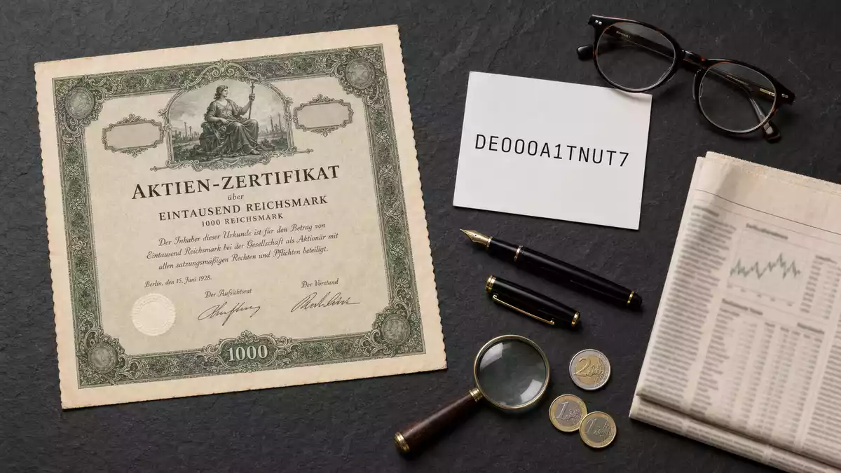 Flatlay auf Schieferplatte: Aktien-Zertifikat, ISIN-Karte DE000A1TNUT7, Füllfeder, Lupe, Euromünzen