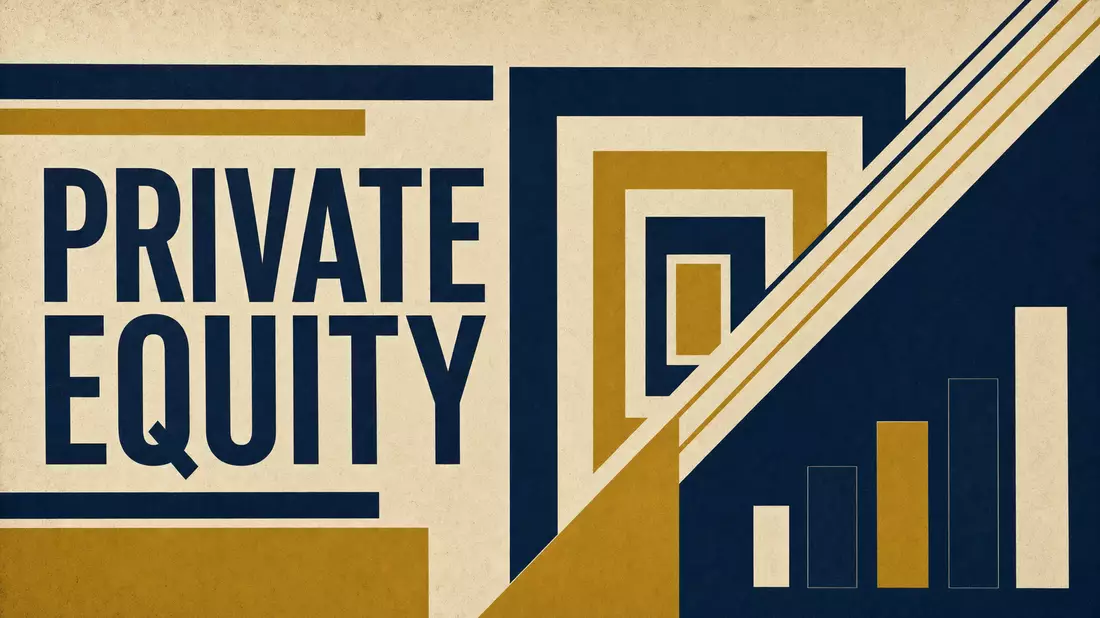 Bauhaus-Poster geometrisch navy-gold mit Typografie PRIVATE EQUITY, konstruktivistisch 1920er Stil