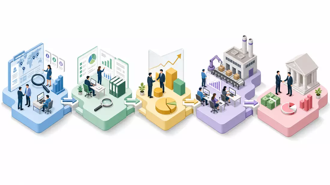 Isometrisches 3D-Diagramm fünfstufige Private-Equity-Wertschöpfungskette, bunte Plattformblöcke