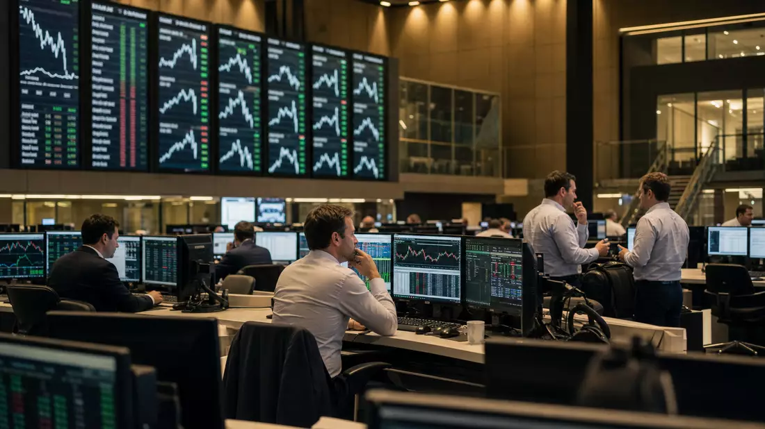 Editorial-Foto Frankfurter Börse Handelsparkett, Trader an Terminals, große Kursanzeigetafeln im Hintergrund