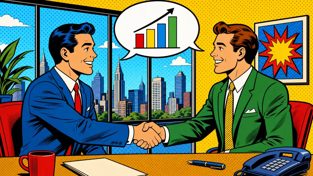 Pop-Art-Comic Investmentdeal zwei Geschäftsleute Handschlag, Sprechblase mit steigendem Balkendiagramm