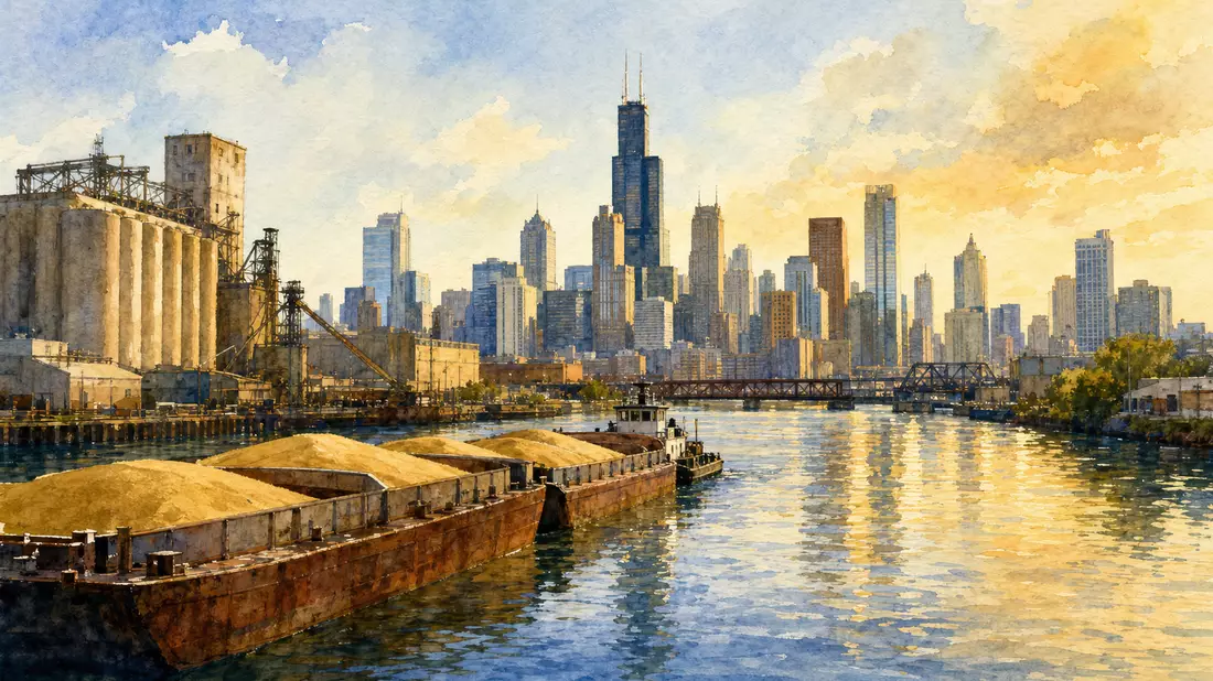 Aquarell der Chicagoer Skyline mit Getreidekähnen auf dem Fluss im Vordergrund