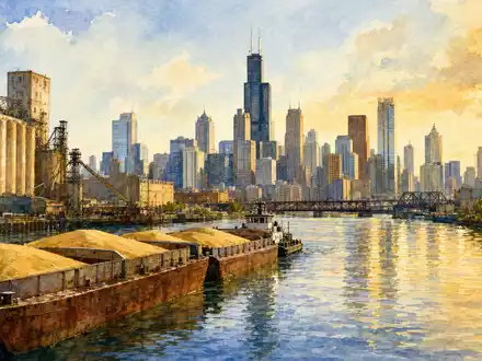 Archer-Daniels-Midland US0394831020 zeigt Getreidekähne vor der Chicagoer Skyline in warmer impressionistischer Aquarellmalerei - Foto: THN