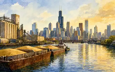 Archer-Daniels-Midland US0394831020 zeigt Getreidekähne vor der Chicagoer Skyline in warmer impressionistischer Aquarellmalerei - Foto: THN