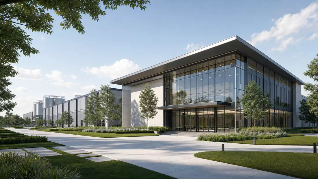 3D-Architekturrender eines modernen Agrarverarbeitungswerks mit Glasfassade und Grünanlage