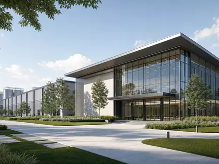 Archer-Daniels-Midland US0394831020 als modernes Verarbeitungswerk mit Glas-Stahl-Fassade im professionellen Architektur-Render bei Tageslicht - Foto: THN