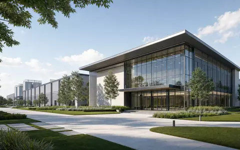 Archer-Daniels-Midland US0394831020 als modernes Verarbeitungswerk mit Glas-Stahl-Fassade im professionellen Architektur-Render bei Tageslicht - Foto: THN