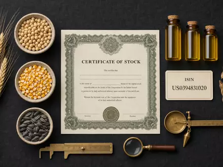 Archer-Daniels-Midland US0394831020 als Flatlay mit Aktienzertifikat, ISIN-Karte und branchentypischen landwirtschaftlichen Rohstoffen arrangiert - Foto: THN