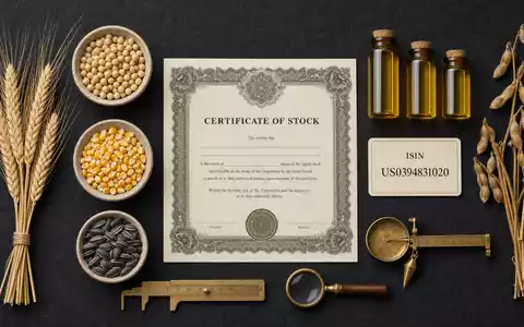 Archer-Daniels-Midland US0394831020 als Flatlay mit Aktienzertifikat, ISIN-Karte und branchentypischen landwirtschaftlichen Rohstoffen arrangiert - Foto: THN
