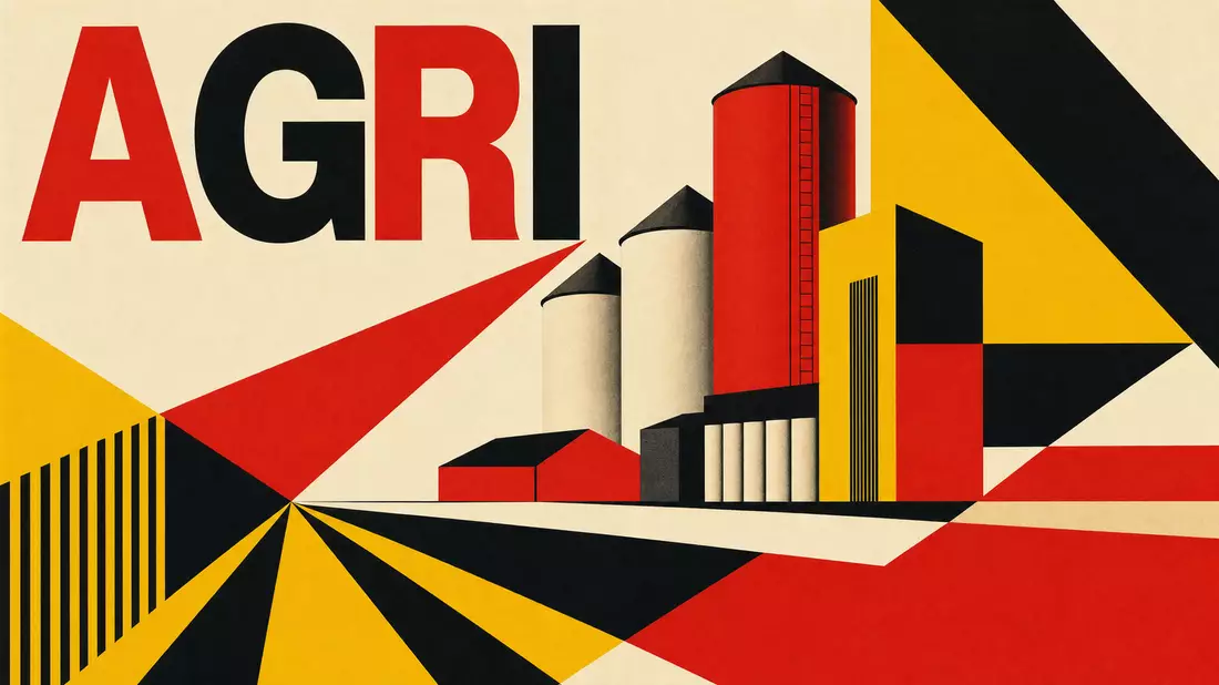 Bauhaus-Poster mit Text AGRI, geometrischen Silhouetten von Silos in Rot Gelb Schwarz