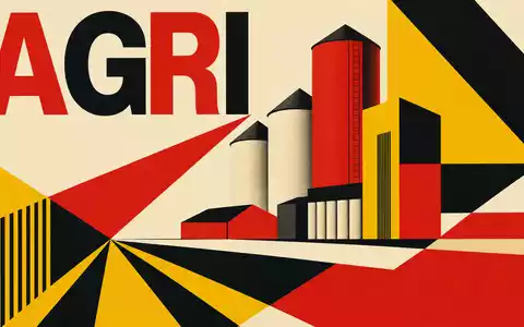 Archer-Daniels-Midland US0394831020 im geometrischen Bauhaus-Stil mit AGRI-Schriftzug, Siloformen und kräftigen konstruktivistischen Primärfarben - Foto: THN
