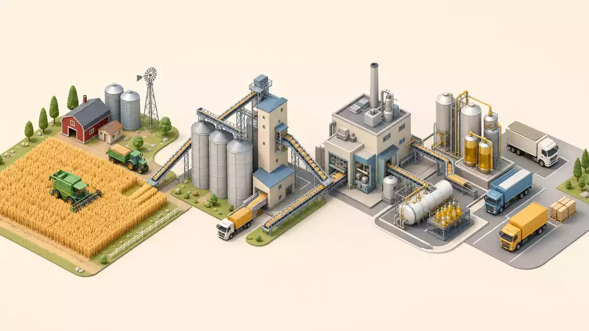 Isometrische 3D-Illustration der Agrar-Lieferkette von der Ernte bis zur Auslieferung