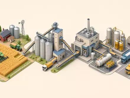 Archer-Daniels-Midland US0394831020 als isometrisches 3D-Diagramm der gesamten landwirtschaftlichen Wertschöpfungskette von der Ernte bis Auslieferung - Foto: THN