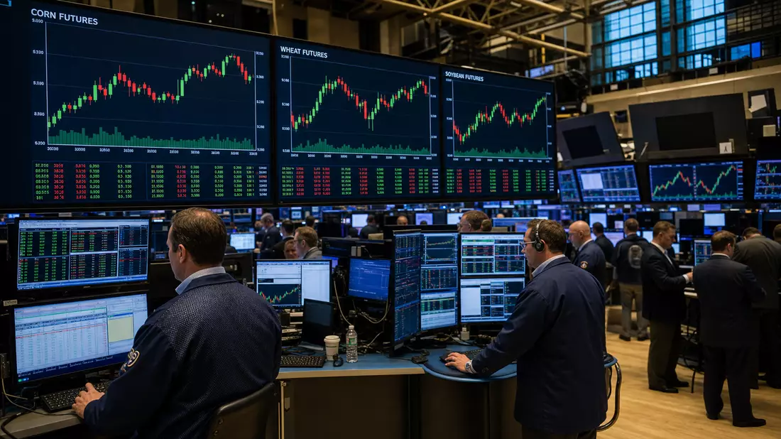 NYSE-Handelsraum mit Händlern und digitalen Screens für Mais-, Weizen- und Sojabohnen-Futures