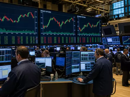 Archer-Daniels-Midland US0394831020 an der NYSE mit Händlern vor digitalen Agrar-Rohstoff-Charts auf großen Bildschirmen - Foto: THN
