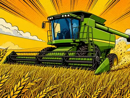Archer-Daniels-Midland US0394831020 als farbiger Pop-Art-Comic mit dynamischem Mähdrescher in leuchtend goldenen Weizenfeldern - Foto: THN