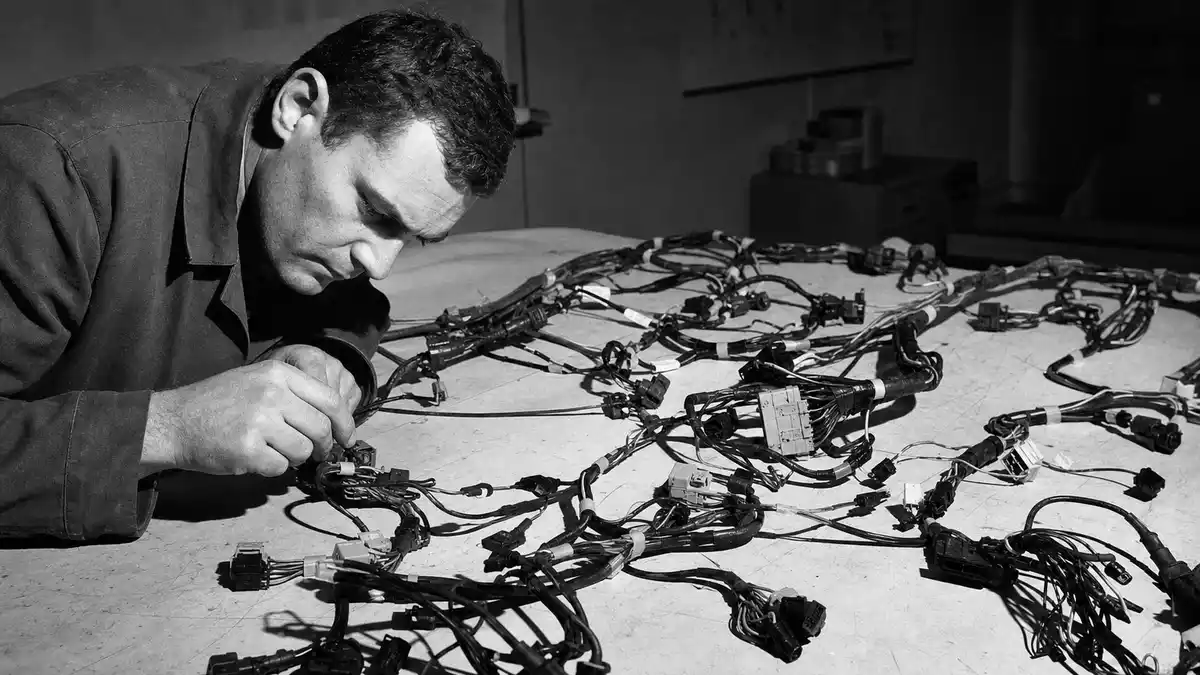 Ingenieur inspiziert Kabelbaum in schwarzweißer Reportagefotografie