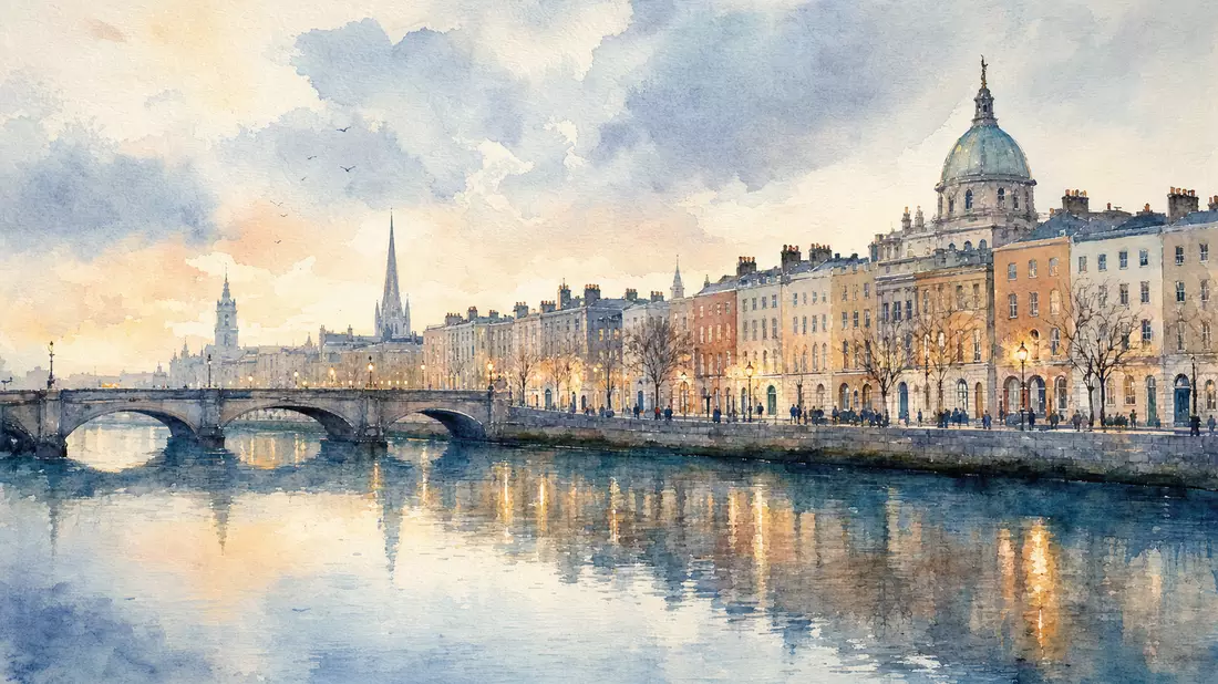 Aquarell des Dubliner Stadtpanoramas entlang des Flusses Liffey