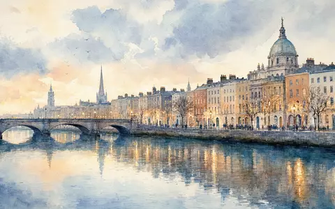 Aptiv plc JE00B783TY65 zeigt Dublin Stadtpanorama am Fluss Liffey in stimmungsvollem Aquarell gemalt - Foto: THN