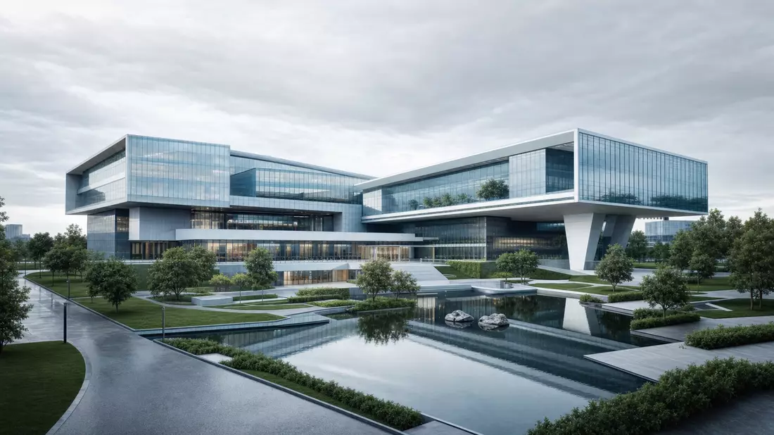 Modernes Unternehmensgebäude mit Glasfassade und Spiegelteich im Architektur-Render