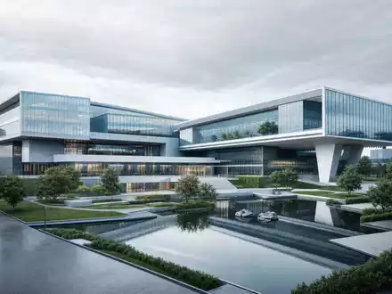 Aptiv plc JE00B783TY65 modernes Firmenhauptgebäude als zeitgenössisches Architektur Render mit Glasfassade und Spiegelteich - Foto: THN