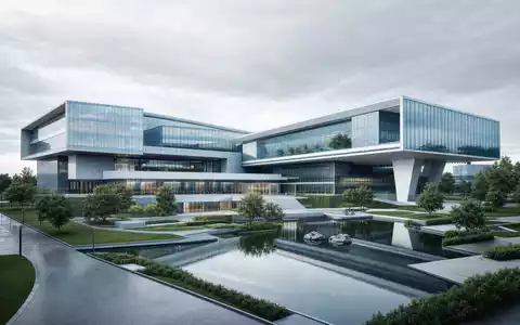 Aptiv plc JE00B783TY65 modernes Firmenhauptgebäude als zeitgenössisches Architektur Render mit Glasfassade und Spiegelteich - Foto: THN
