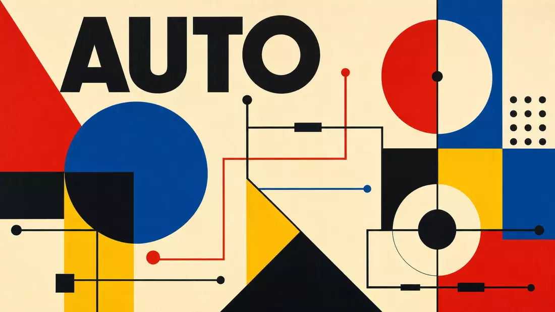 Bauhaus-Poster mit geometrischen Formen und dem Sektor-Text AUTO in Primärfarben