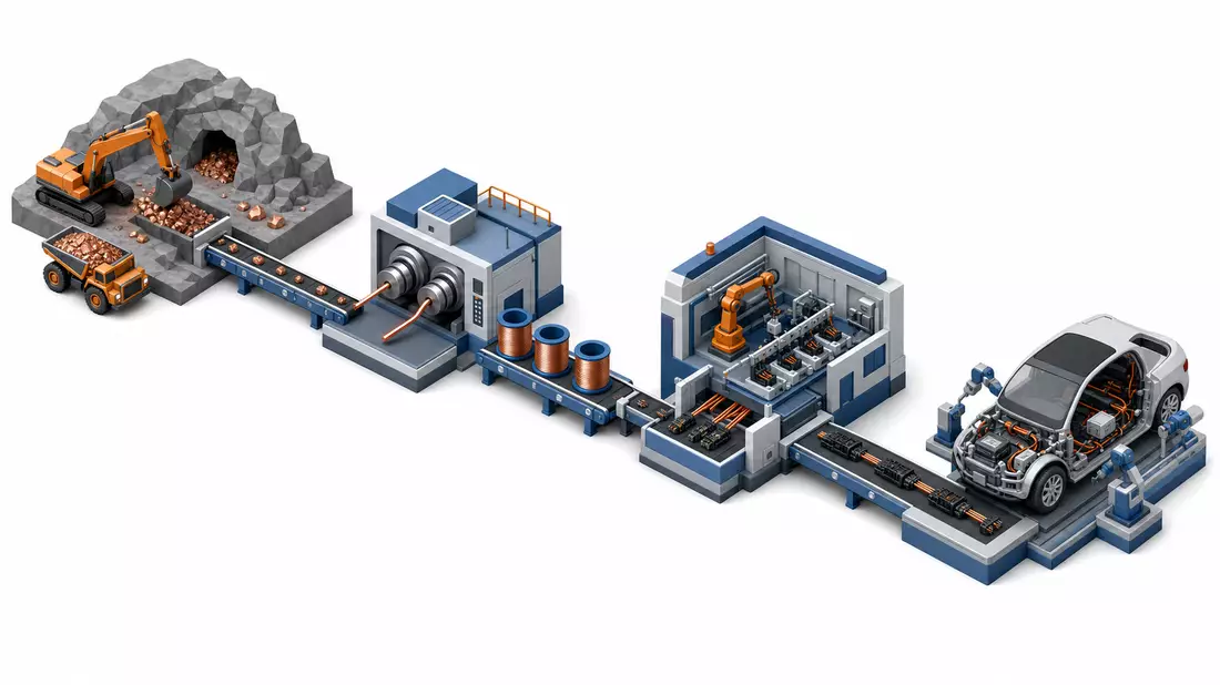 Isometrisches 3D-Diagramm der Wertschöpfungskette von Kupfer bis Fahrzeugelektrik