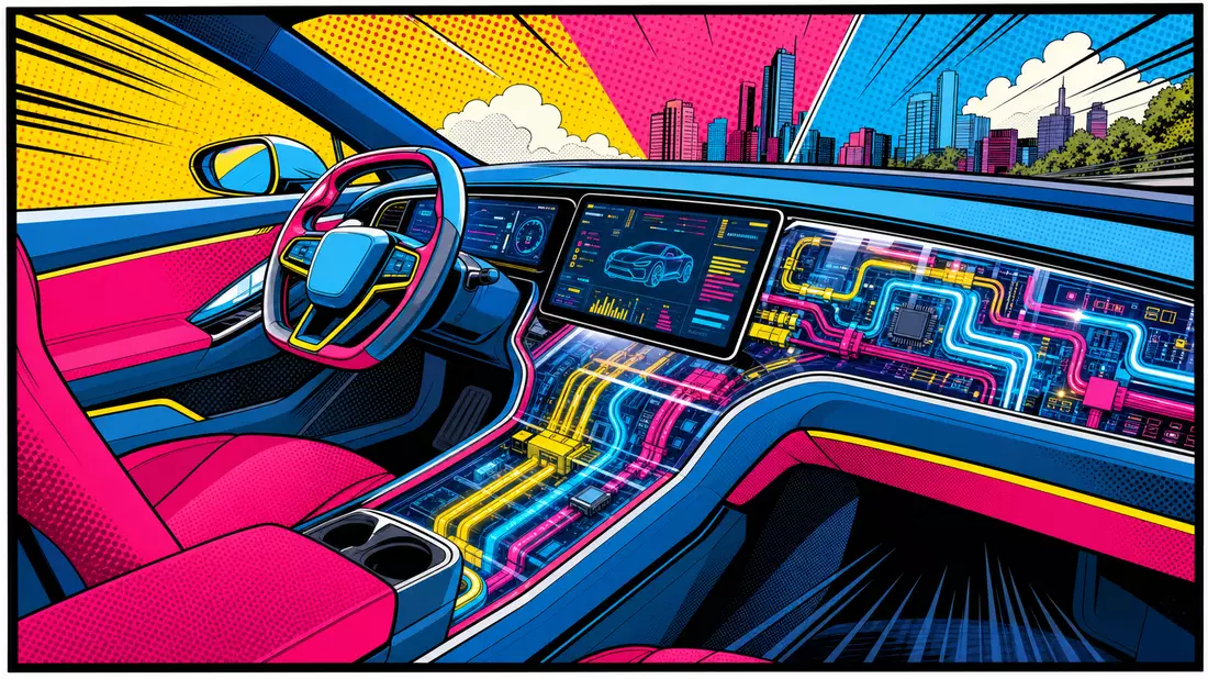 Pop-Art-Comic eines futuristischen Elektrofahrzeugs mit sichtbarer Bordelektronik