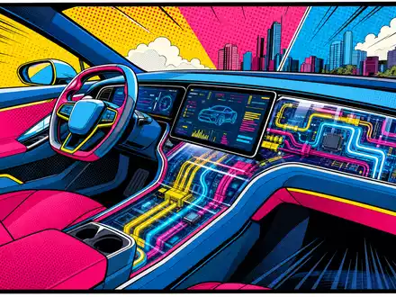 Aptiv plc JE00B783TY65 Pop Art Comic zeigt futuristisches Elektrofahrzeug mit leuchtender Bordelektronik und Kabelsträngen - Foto: THN