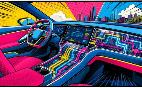 Aptiv plc JE00B783TY65 Pop Art Comic zeigt futuristisches Elektrofahrzeug mit leuchtender Bordelektronik und KabelstrÀngen - Foto: THN