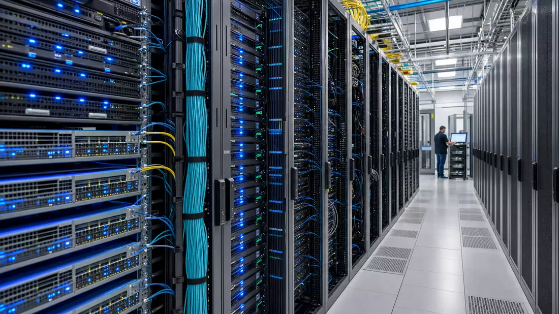 Rechenzentrum mit blauen LED-Switches und strukturiertem Kabelmanagement
