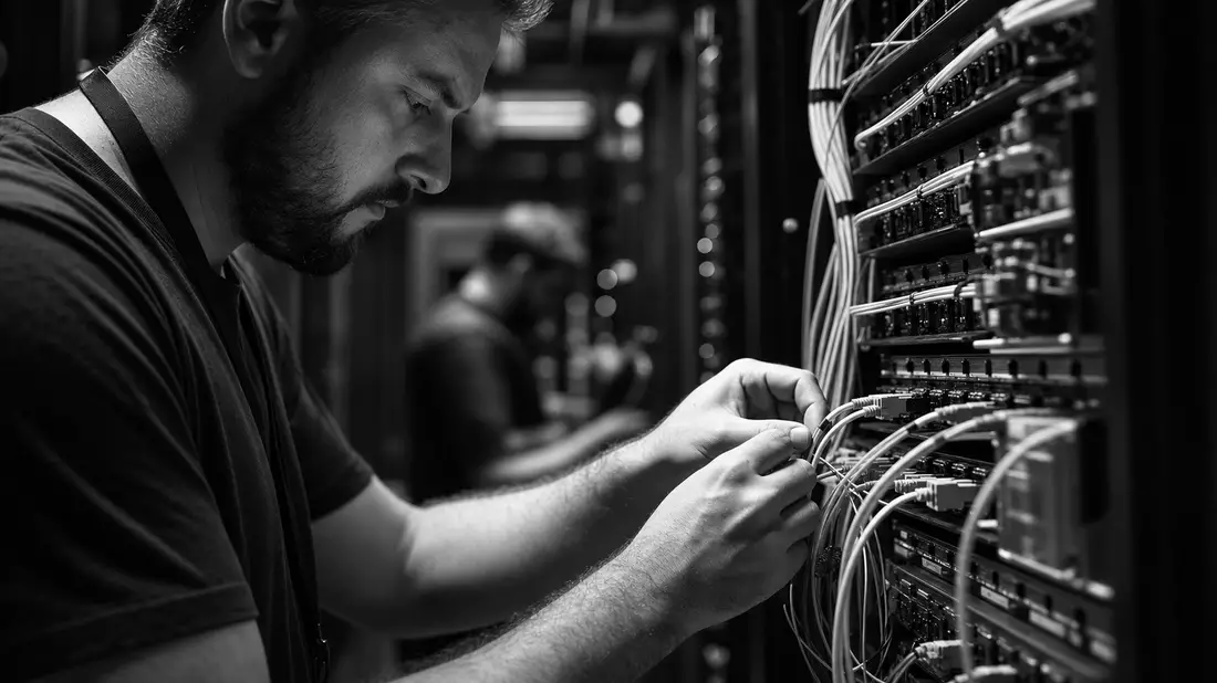 Schwarzweißfoto eines Technikers beim Verlegen von Netzwerkkabeln