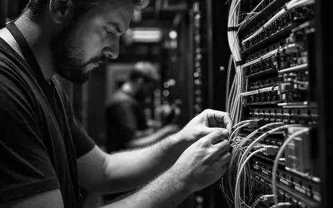Arista Networks Inc. Techniker verlegt Glasfaserkabel im Rechenzentrum, dokumentarisch festgehalten, ISIN US0404131064 - Foto: THN